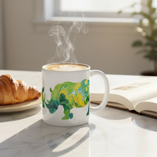 Grupo de Rinocerontes en Estilo Artístico Topográfico – Tonos Verdes y Amarillos